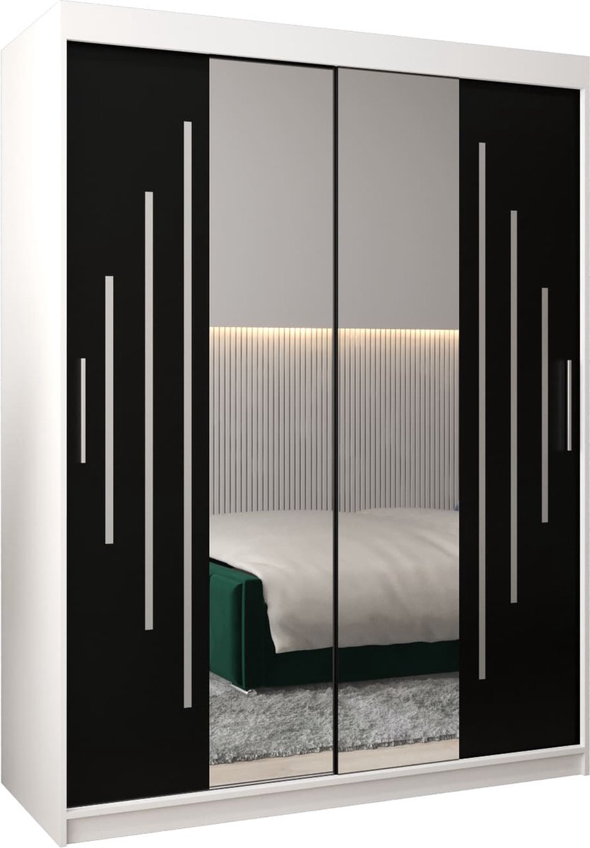 InspireME Kledingkast met 2 schuifdeuren, Modern-stijl, Een kledingkast met planken en een spiegel (BxHxD): 150x200x62 - MALTESE I 150 Wit Mat + Zwart