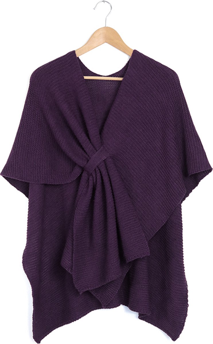 Omslagdoek dames - donkerpaars - paarse poncho gebreid - gebreide cape met lus - violet sjaal - STUDIO Ivana