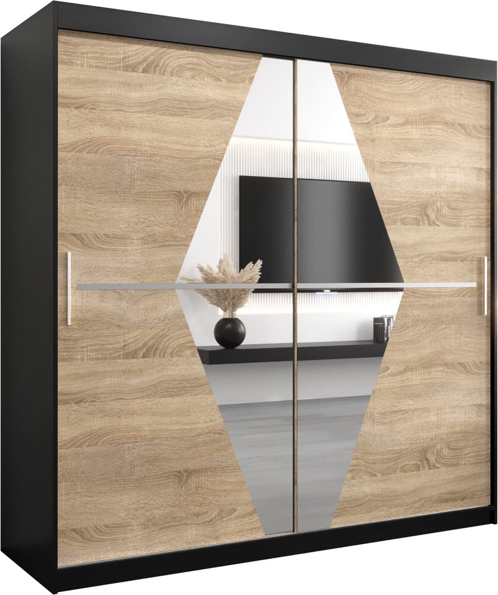 InspireME Kledingkast met 2 schuifdeuren, Modern-stijl, Een kledingkast met planken en een spiegel (BxHxD): 200x200x62 - BOLA 200 Zwart Mat + Sonoma Eik