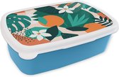Broodtrommel Blauw - Lunchbox - Brooddoos - Bloemen - Fruit - Jungle - 18x12x6 cm - Kinderen - Jongen