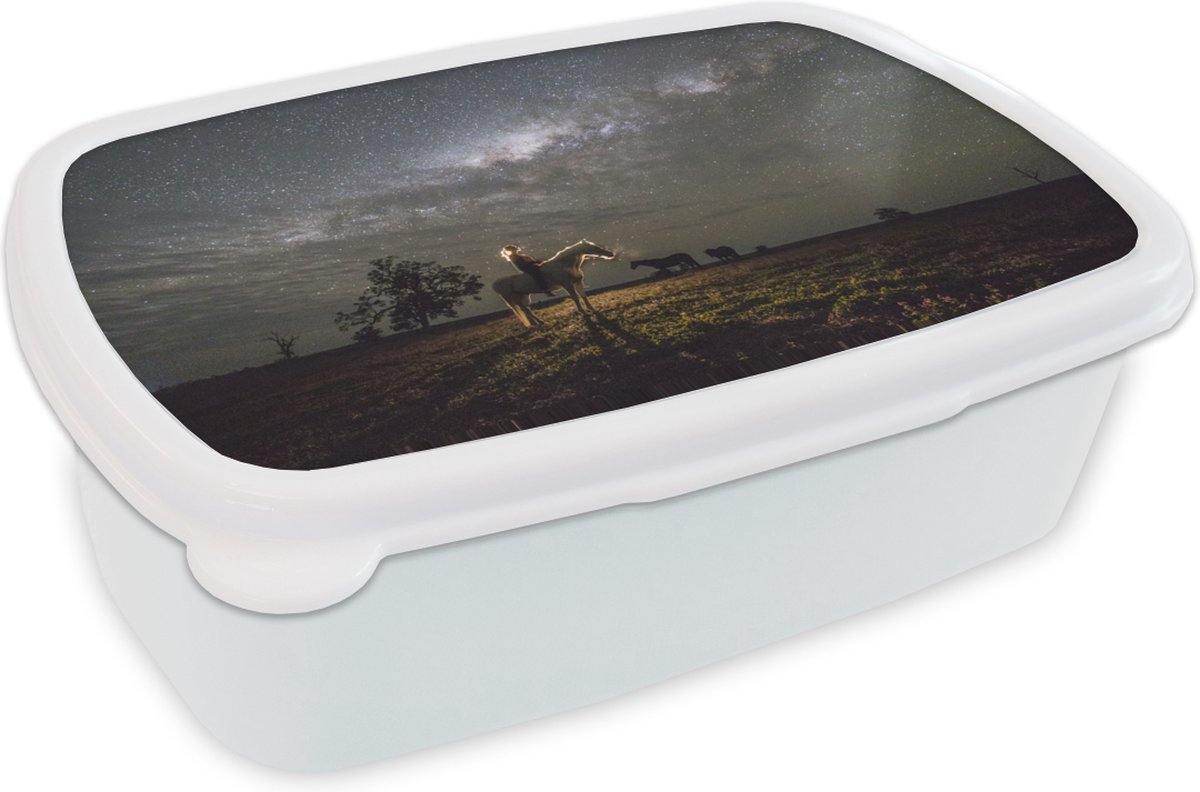 Broodtrommel Wit - Lunchbox - Brooddoos - Paard - Vrouw - Sterrenhemel - 18x12x6 cm - Volwassenen