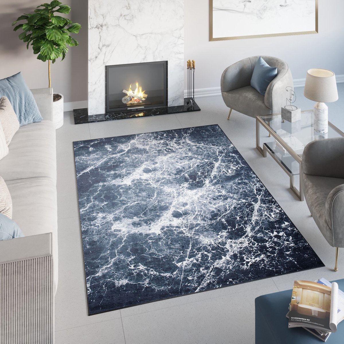Tapiso Toscana Vloerkleed Grijs Blauw Marineblauw Marmer Tapijt Maat- 160x230