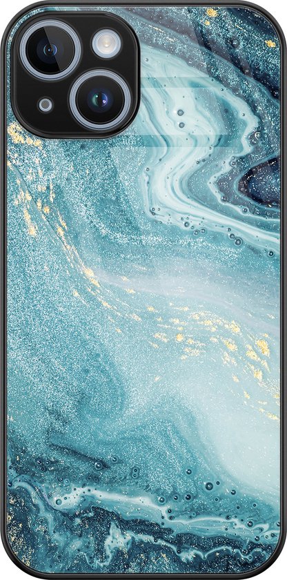 Coque iPhone 14 verre - Marbre bleu - Coque rigide - Zwart - Coque arrière - Marbre - Blauw