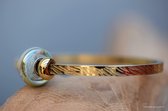 Urn-Dames rvs goud bangle armband met crematie-as glasbedel Blue Gold en rvs gouden stoppers- crematie-as wordt vast in glas verwerkt- Armband past fijn t/m een polsmaat van  17 cm rondom gemeten-herinneringssieraad-assieraad-sieraad-armband