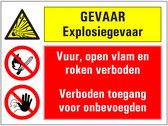 Explosiegevaar, vuur open vlam roken en onbevoegden verboden sticker 400 x 300 mm