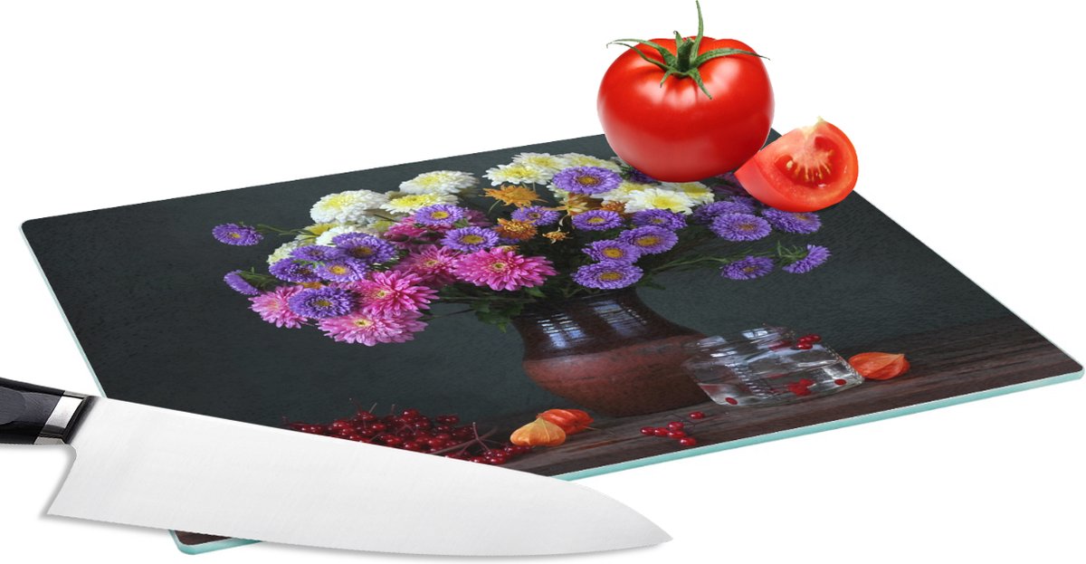 Glazen Snijplank - 28x20 - Chrysanten - Kleuren - Stilleven - Snijplanken Glas