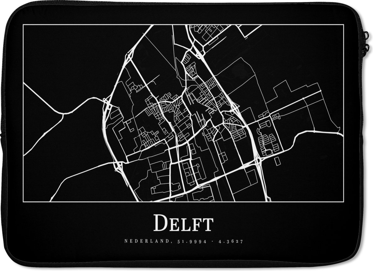 Laptophoes 14 inch - Kaart - Delft - Plattegrond - Stadskaart - Laptop sleeve - Binnenmaat 33x23 cm - Zwarte achterkant - Stadskaart