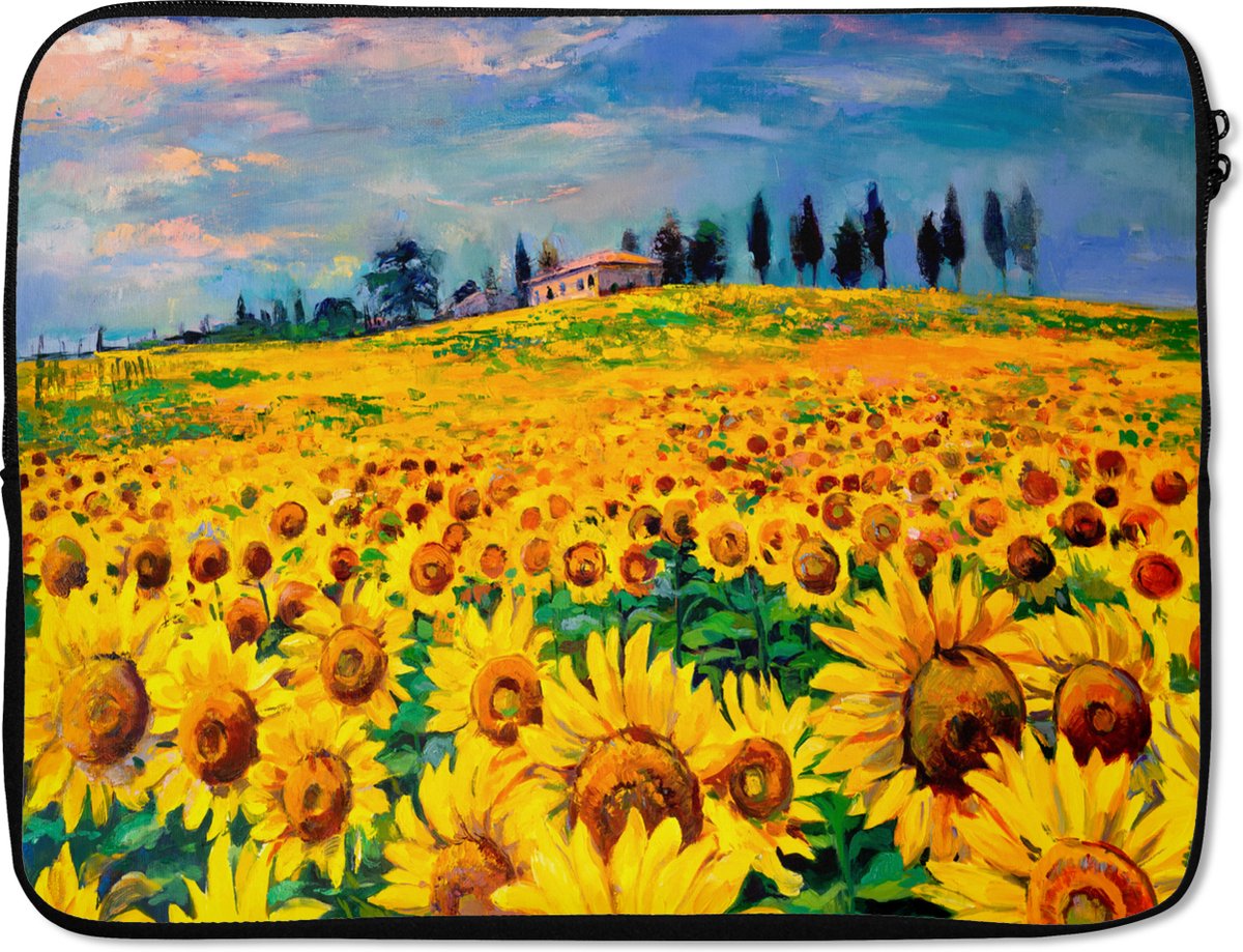 Laptophoes 15.6 inch - Schilderij - Zonnebloem - Olieverf - Bloemen - Laptop sleeve - Binnenmaat 37x26 cm - Zwarte achterkant