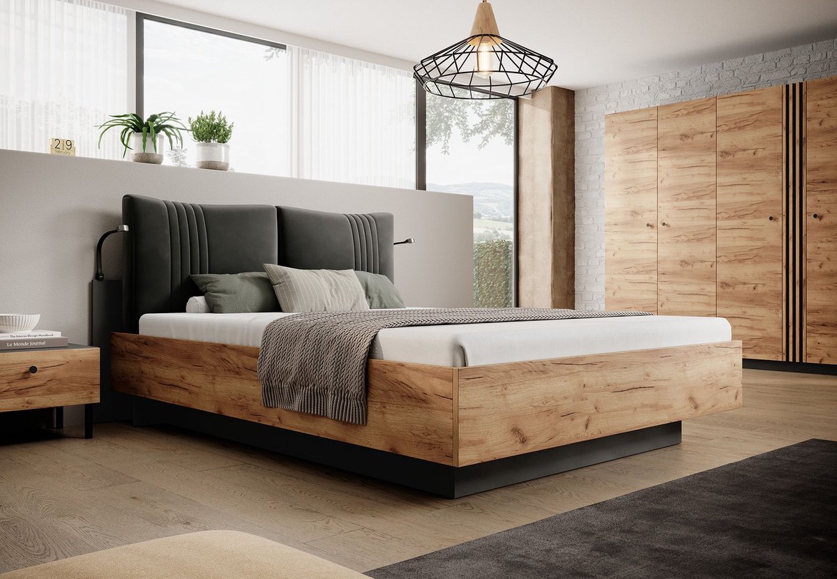 Meubella - Tweepersoonsbed Durango - Eiken - Grijs - 160x200 cm - met gaslift