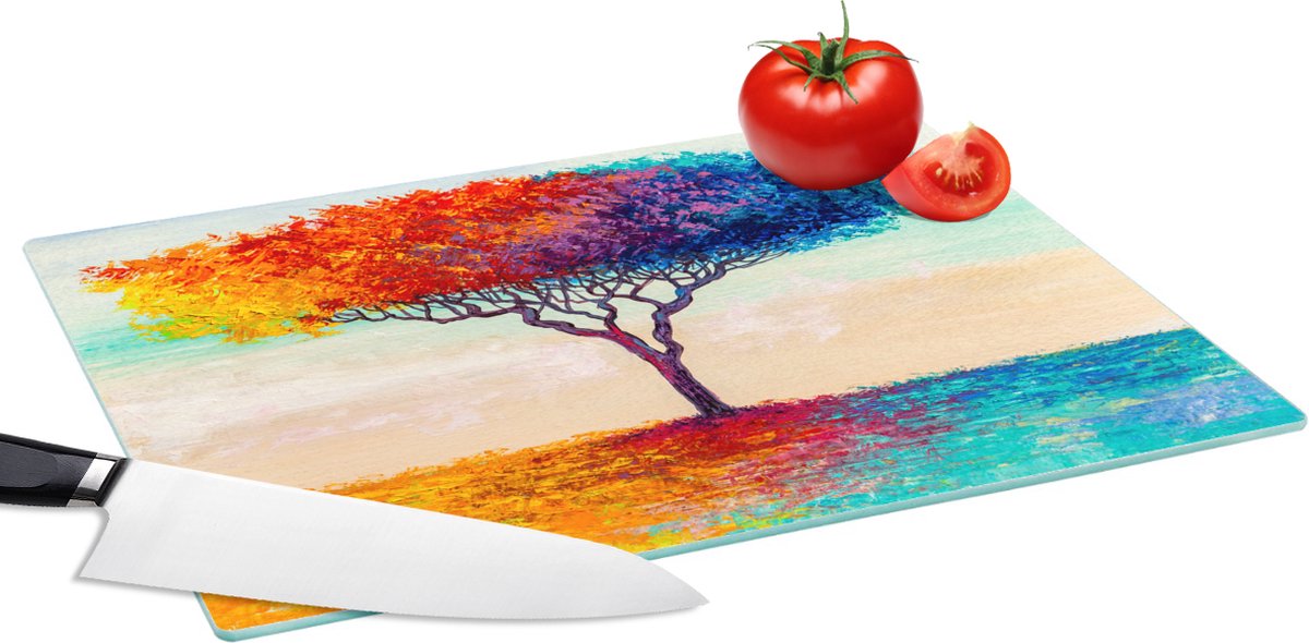 Glazen Snijplank - 39x28 - Schilderijen - Olieverf - Boom - Regenboog - Snijplanken Glas