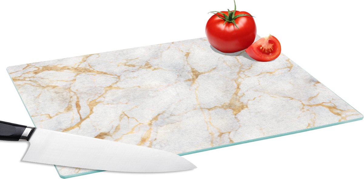 Glazen Snijplank - 39x28 - Marmer - Wit - Goud - Abstract - Snijplanken Glas