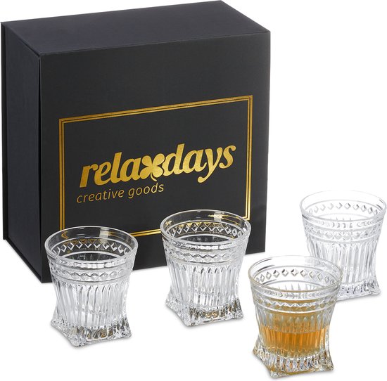 Relaxdays whiskeyglazen set van 4 - whiskey cadeauset - tumbler - vaderdag - geschenkdoos