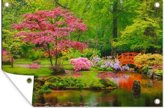 Brug - Japans - Botanisch - Bomen - Bloemen - Tuindoek