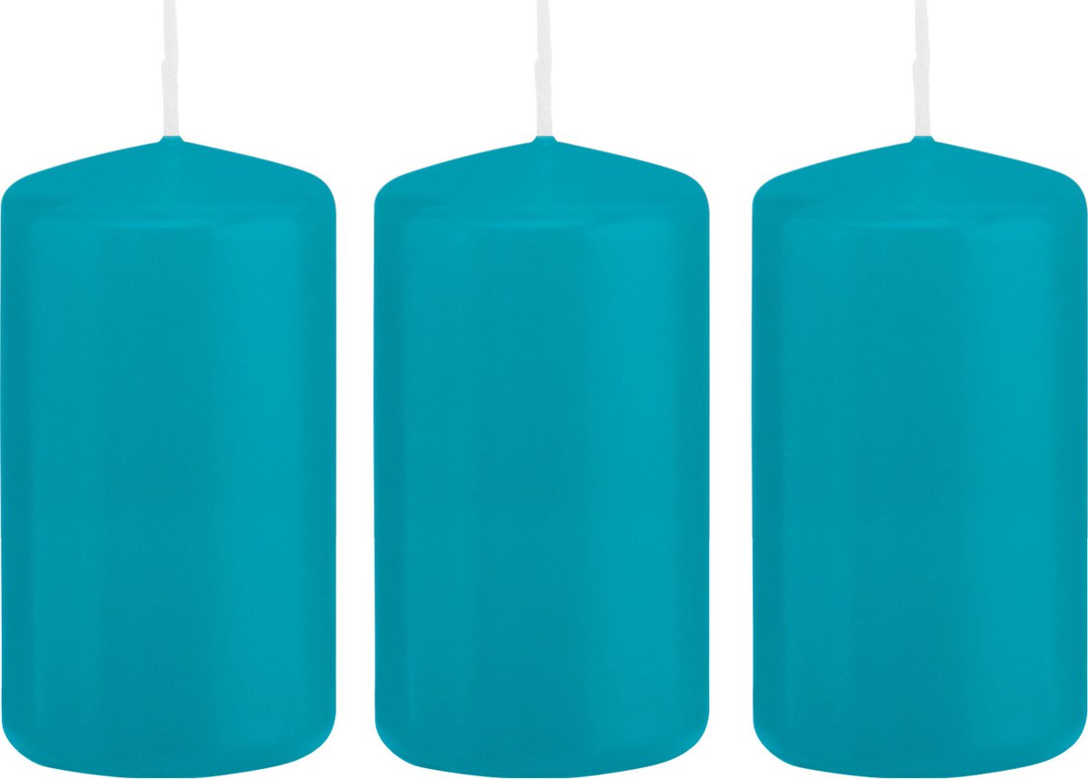 Trend Candles Cilinderkaars/stompkaars - 3x - turquoise - 6 x 12 cm - 40 branduren - met brandvertragende folie
