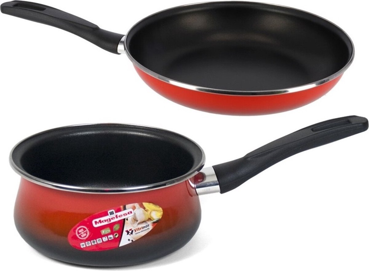 Pannen set van 2x stuks rood Merida - Saus/jus pannetje 16 cm - Koekenpan/hapjespan 30 cm