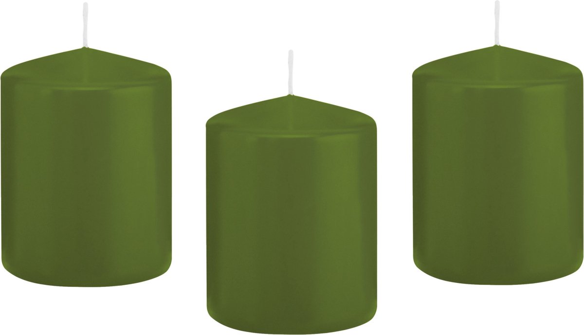 Trend Candles Cilinderkaars/stompkaars - 12x - olijfgroen - 6 x 8 cm - 29 branduren - met brandvertragende folie