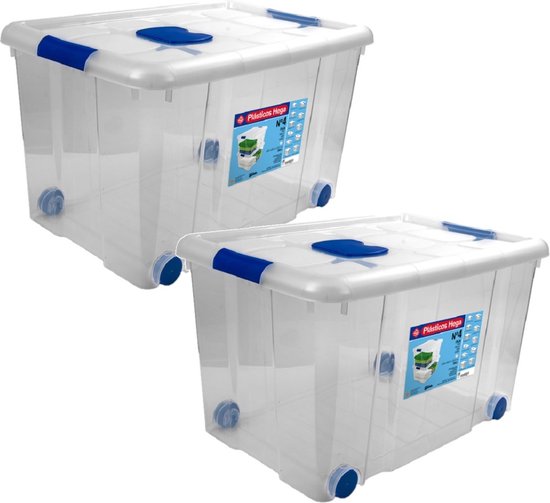 Opbergboxen/opbergbox met deksel en wieltjes 55L kunststof  transparant/blauw - 59 x 40... | bol.com