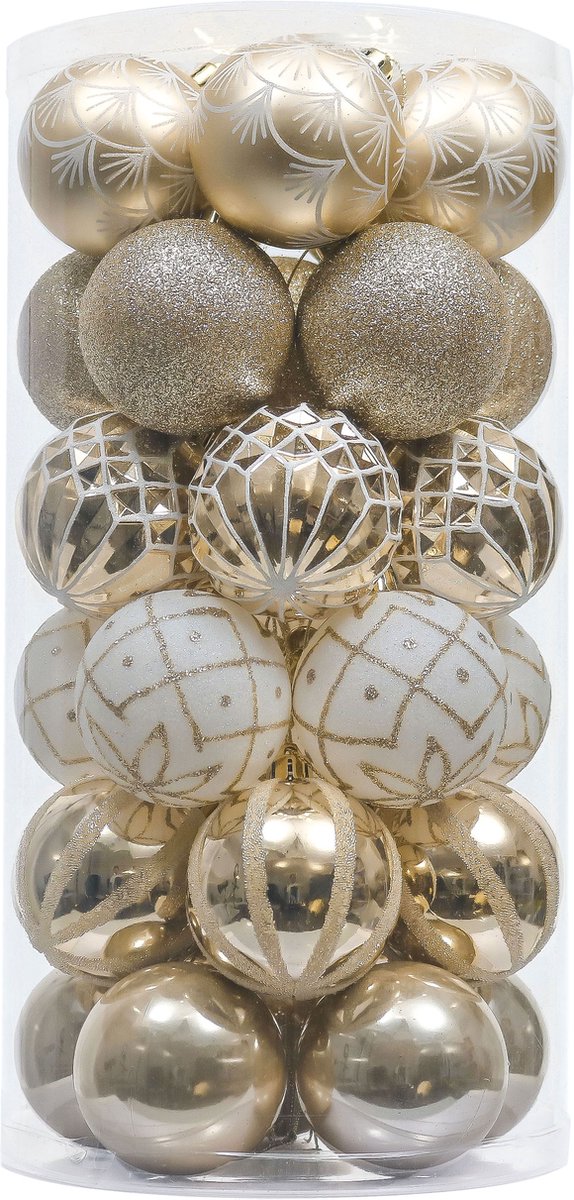 JMP Collections | Kerstballen | 30 Delige set | Kerstversiering | Onbreekbare kerstballen | Plastic | Kunststof | Goud & Wit