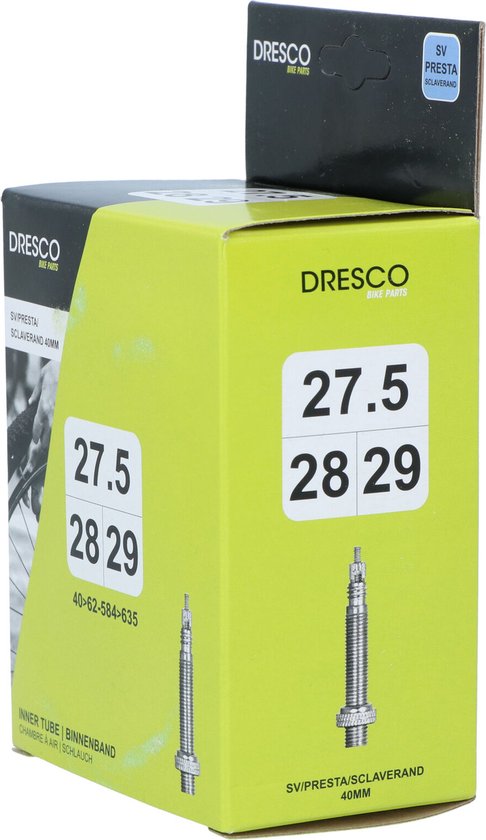 Groene Dresco fietsband doos met '27.5 28 29' in wit. SV Presta 40mm Sclaverand.