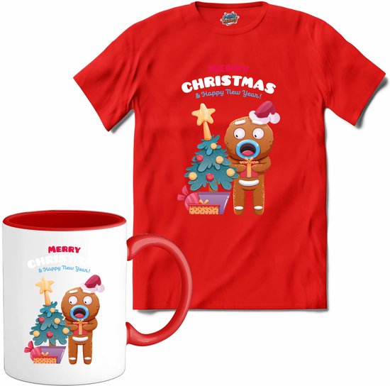 Merry christmas - oliebol buddy - T-Shirt met mok - Heren - Rood