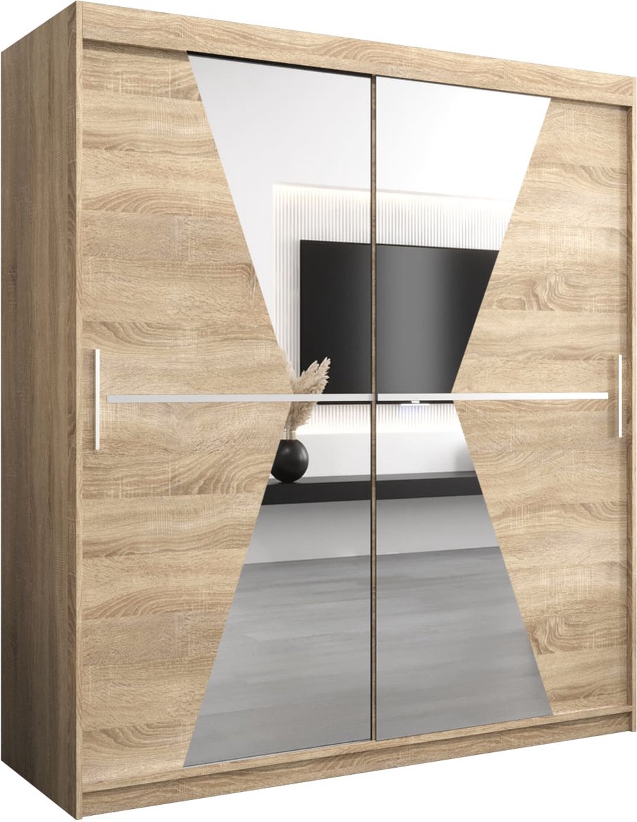 InspireME Kledingkast met 2 schuifdeuren, Modern-stijl, Een kledingkast met planken en een spiegel (BxHxD): 180x200x62 - TOTO 180 Sonoma Eik