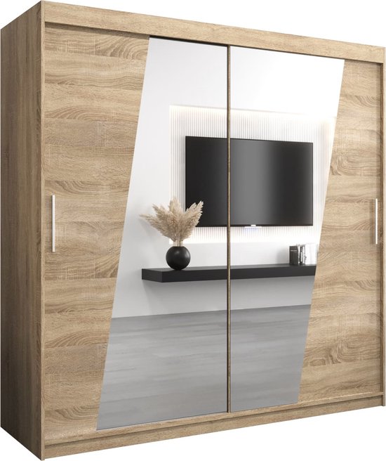 InspireMe - Armoire à 2 portes coulissantes, Style moderne, Une armoire avec des étagères et un miroir (LxHxP): 200x200x62 - THOR 200 Chêne Sonoma