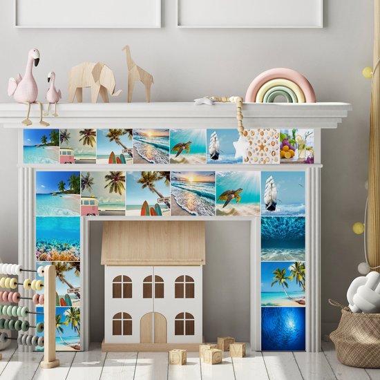 Plaktegels - Zelfklevende Tegels - 15x15 cm - Ulticool - Strand Zee Aquarium Surfplank Hout Schelpen Zand Decoratie - 15 stuks - Decoratie Sticker Tegels - Plakfolie Tegelstickers - Achterwand voor de Muur Badkamer - Keukenwand Keuken - Sticktiles