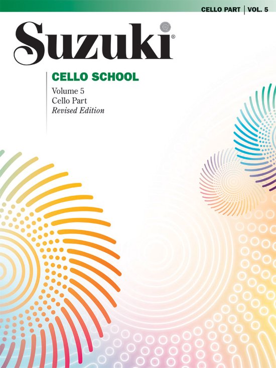 Suzuki Cello School, Volume 5, Partie de violoncelle, Édition révisée, avec une représentation graphique d'une explosion de couleurs.