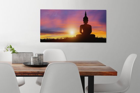 Toile - Statue de Bouddha - Silhouette - Coucher de soleil - Spirituel - Peintures salon - Peinture sur toile - Canvasdoek - 80x40 cm - Décoration murale