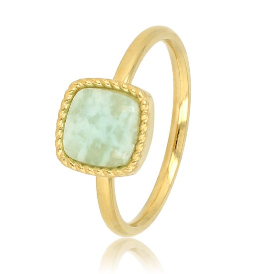 My Bendel - Goudkleurige ring met vierkanten Amazonite edelsteen - Mooie ring met blauwgroene Amazonite edelsteen - Met luxe cadeauverpakking