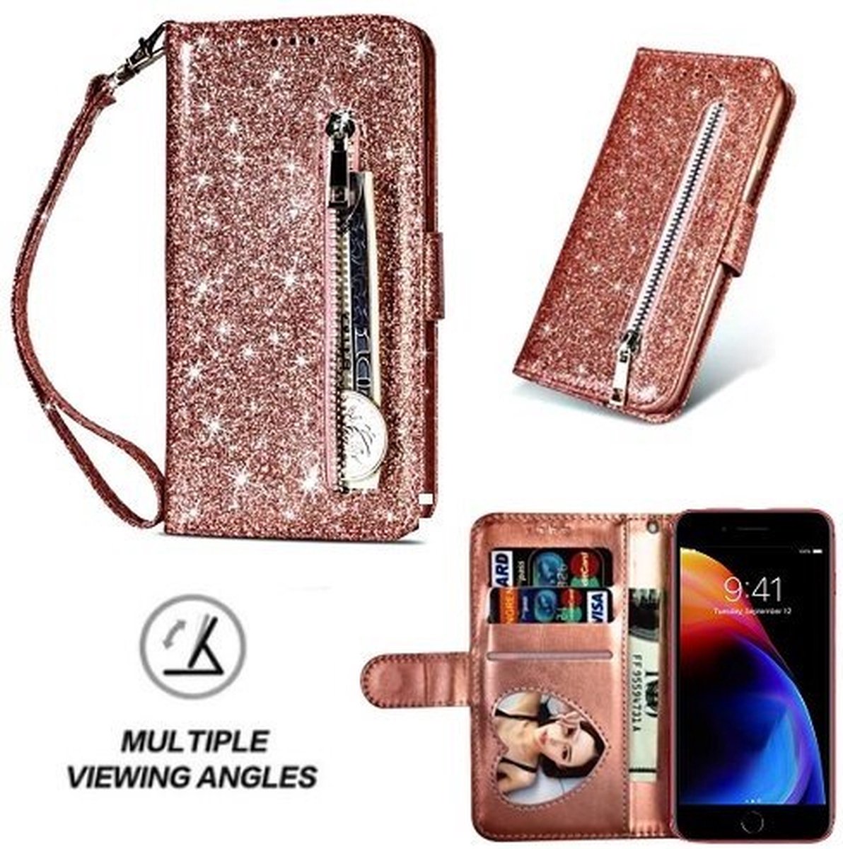iPhone 8 Glitter Hoesje Met Pasjeshouder Bookcase Rose Goud
