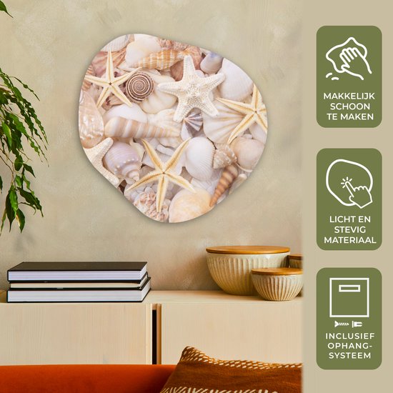 Décoration murale bio - Décoration murale en plastique - Tableau bio - Étoile de mer - Coquillages - Plage - Été - 60x60 cm - Forme miroir bio sur plastique