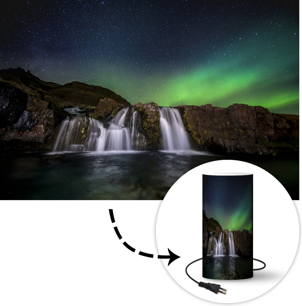 Lampe aurore boréale (2) - Aurora boréale au-dessus des cascades d'Islande  - 33 cm de