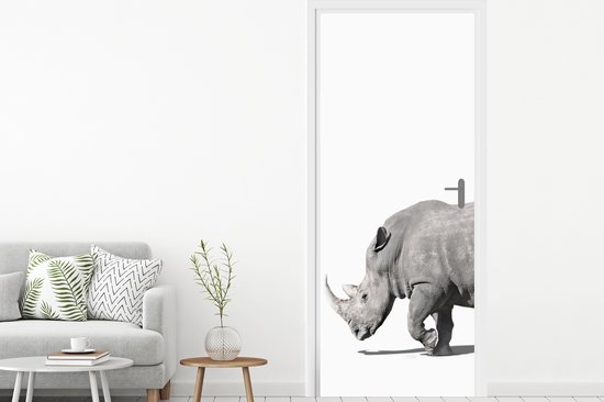 Deurposter 95x235 cm - Deursticker Neushoorn - Dieren - Wit - Meubelfolie zelfklevend - Deurfolie woonkamer - Interieurfolie fotobehang - Deur plakfolie - Deurstickers - Deurbehang sticker - Kamer decoratie