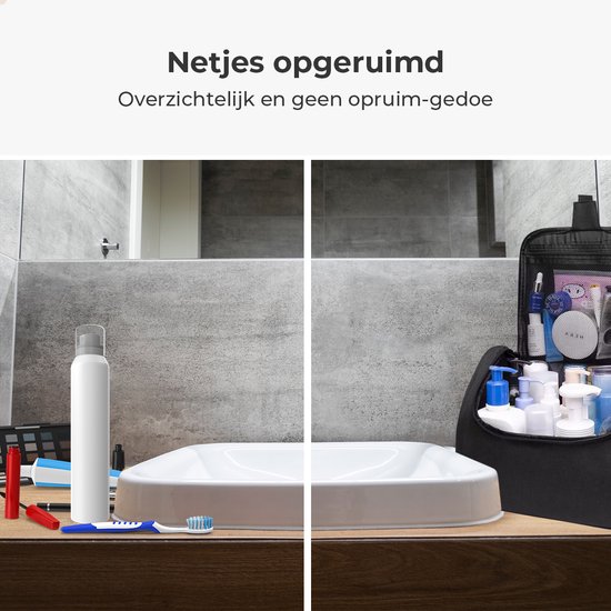 Vergelijking van een badkamer aanrecht met toilettas (links) en dezelfde aanrecht met de georganiseerde GoGoods toilettas (rechts).