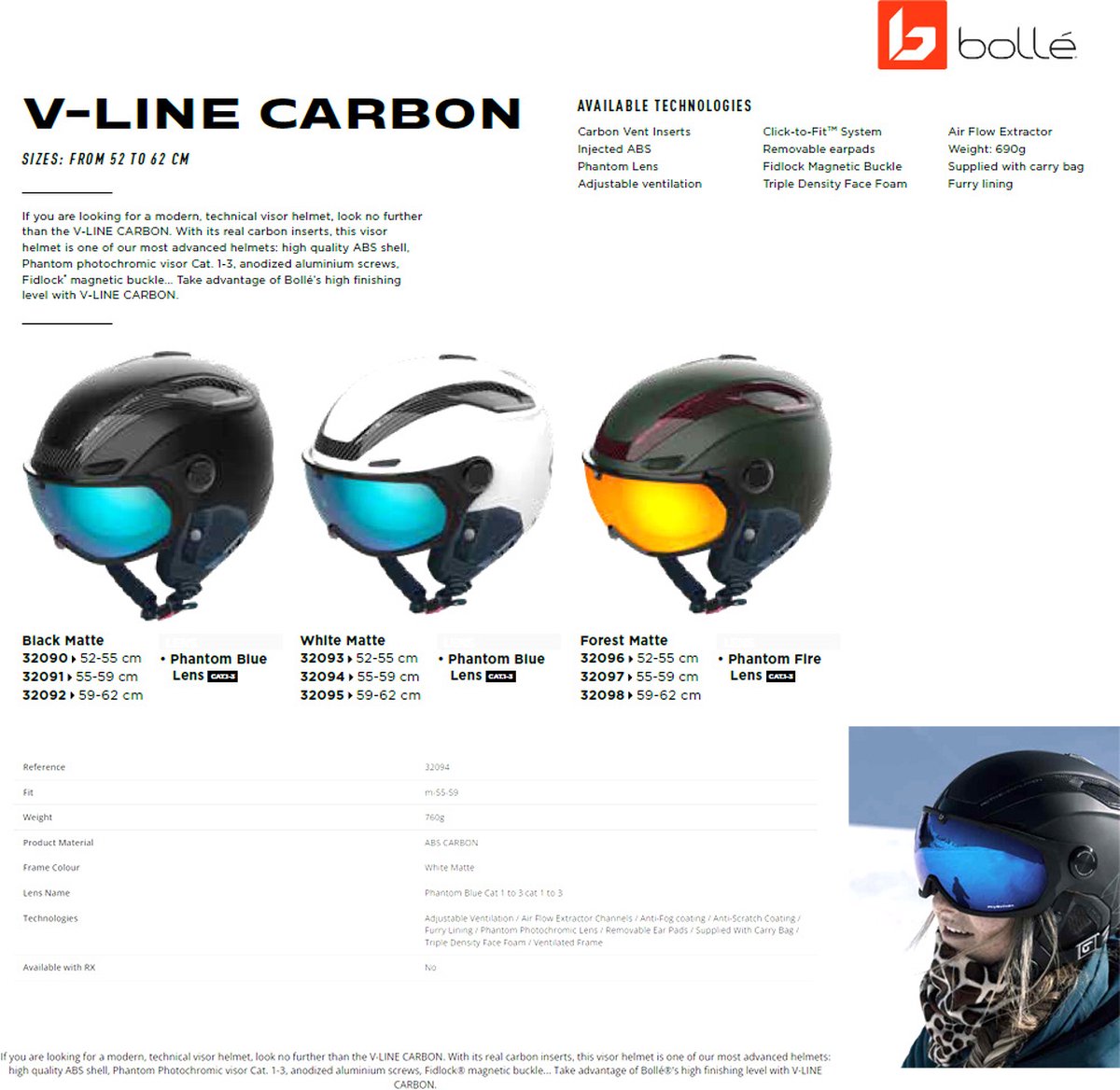 Casque de ski Bollé V- Line Carbon avec visière, Forêt Mat, Cat de feu  fantôme