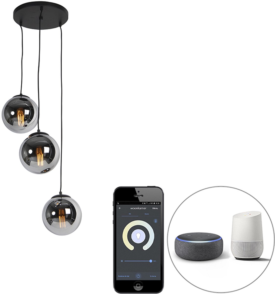 QAZQA pallon - Art Deco LED Smart Hanglamp incl. wifi - 3 lichts - Ø 45 cm - Zilver - Woonkamer | Slaapkamer | Keuken