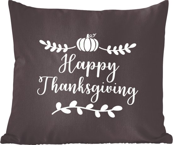 Sierkussens - Kussen - Quote Happy Thanksgiving wanddecoratie feestdagen wit op zwart - 45x45 cm - Kussen van katoen