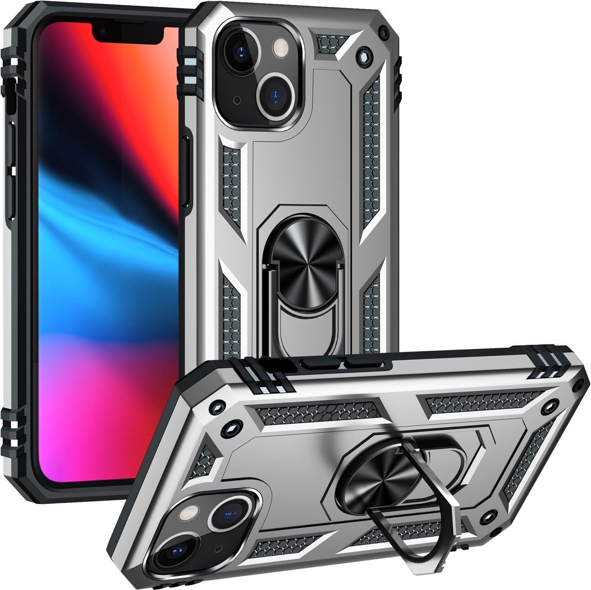 Mobigear Hoesje geschikt voor Apple iPhone 14 Plus Telefoonhoesje Hardcase | Mobigear Armor Ring Backcover Shockproof met Ringhouder | Schokbestendig iPhone 14 Plus Telefoonhoesje | Anti Shock Proof - Zilver