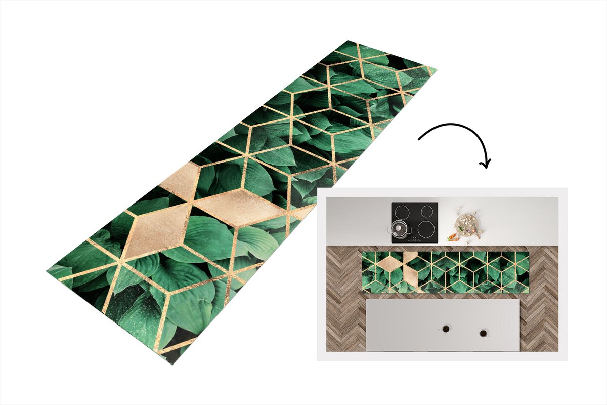 KitchenYeah Keukenloper - Loper keuken - Bladeren - Goud - Patronen - Kubus - Luxe - 240x60 cm - Keukenloper vinyl Multicolor