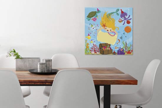 Illustration d'une sirène avec un coffre au trésor 50x50 cm - Tirage photo sur toile (Décoration murale salon / chambre) / Mer et plage