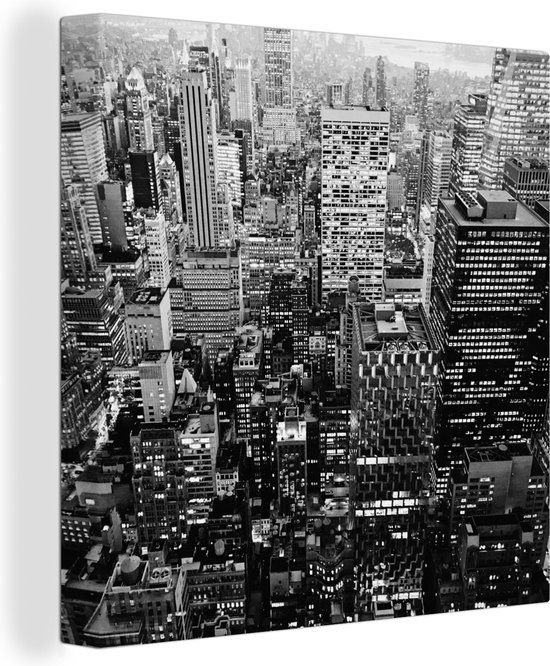 Canvas Schilderij Luchtfoto Manhattan -zwart-wit - 50x50 cm - Wanddecoratie