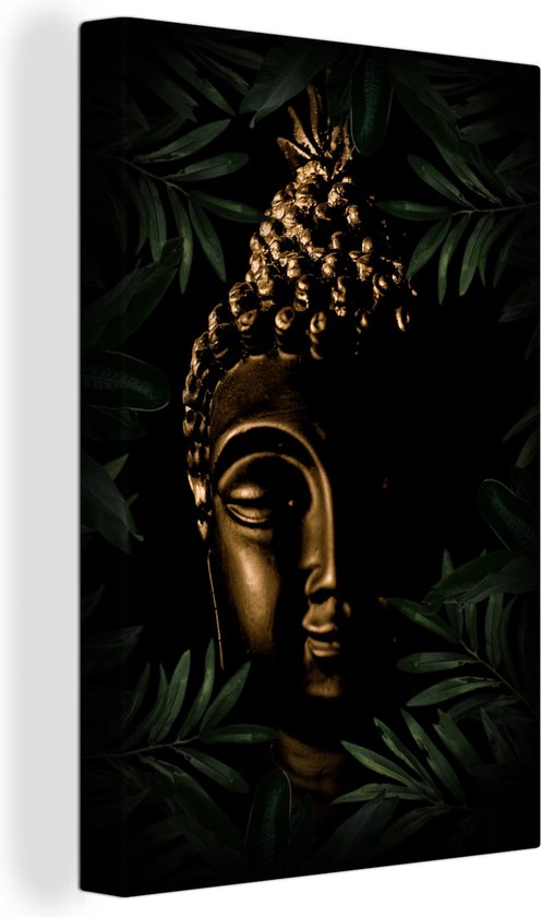 Tête de Bouddha doré à l'ombre avec des feuilles 40x60 cm - Tirage photo sur toile (Décoration murale salon / chambre)