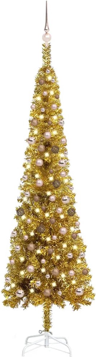Prolenta Premium - Kerstboom met LED's en kerstballen smal 240 cm goudkleurig