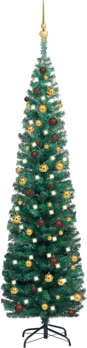 Prolenta Premium - Kunstkerstboom met LED's en kerstballen smal 180 cm groen