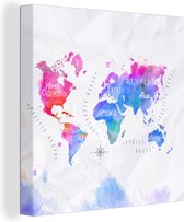 Canvas Wereldkaart - 20x20 - Wanddecoratie Wereldkaart - Topografie - Waterverf