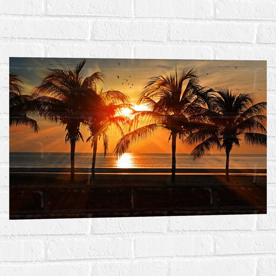 WallClassics - Muursticker - Palmiers sur la plage au coucher du soleil - 75x50 cm Photo sur Muursticker