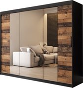 InspireMe - Kledingkast met 3 schuifdeuren, Modern-stijl, Een kledingkast met planken en een spiegel (BxHxD): 250x200x62 - ALTER T2 250 Zwart Mat + Oude Stijl Hout