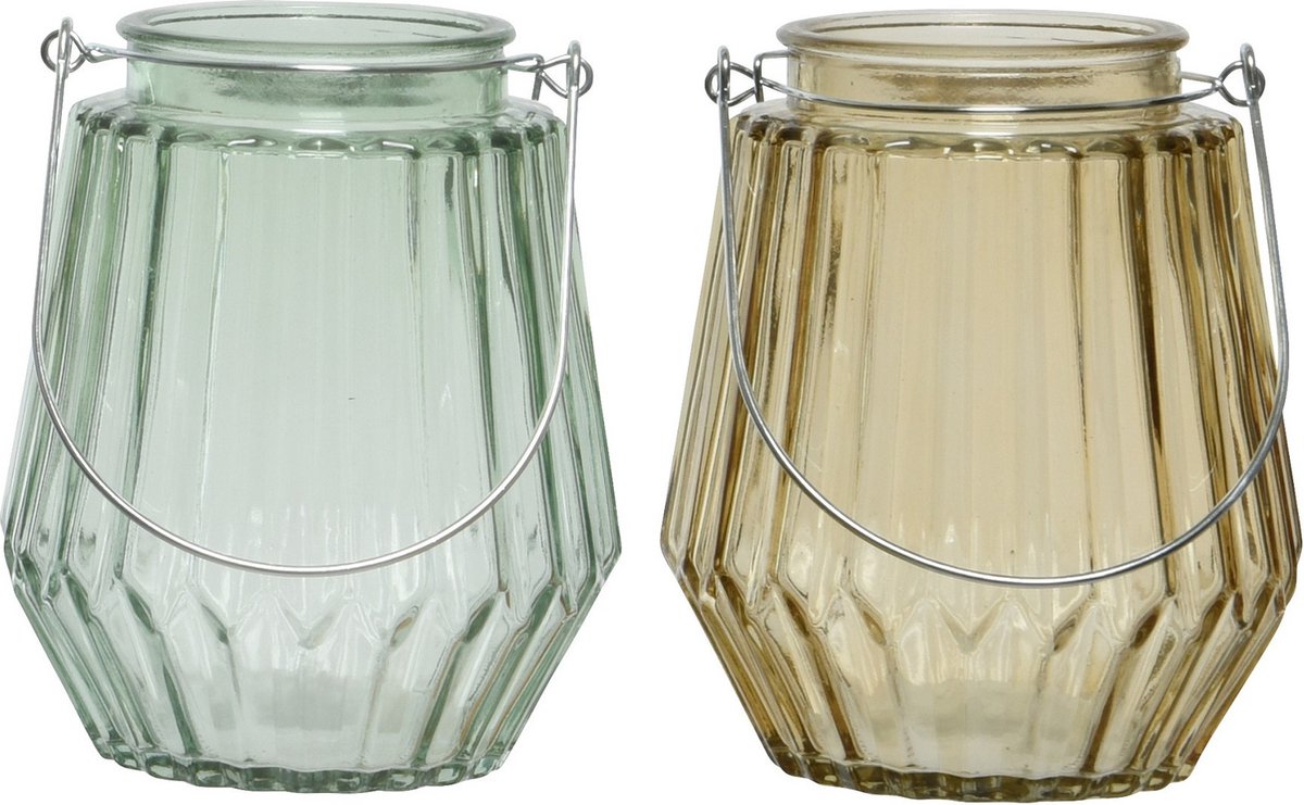 Decoris Set van 2x stuks theelichthouders/waxinelichthouders streep glas taupe en mistgroen met metalen handvat 11 x 13 cm Multi