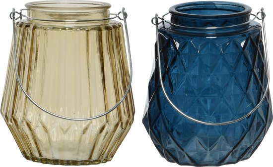 Set van 2x stuks theelichthouders/waxinelichthouders ruit/streep glas taupe en donkerblauw met metalen handvat 11 x 13 cm